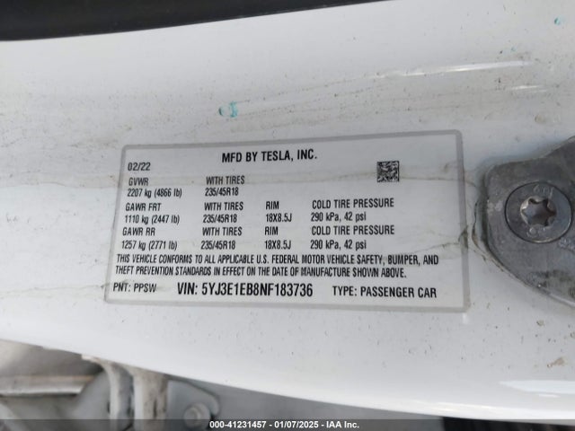 2022 TESLA MODEL 3 5YJ3E1EB8NF183736 Photo 8