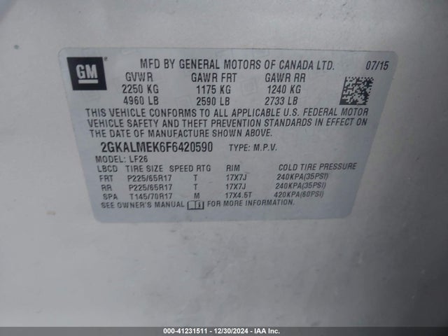 GMC Terrain Sle-1 2015 2GKALMEK6F6420590 Image 9