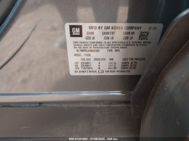 KL79MPSLXNB082887 Chevrolet Trailblazer Fwd Lt