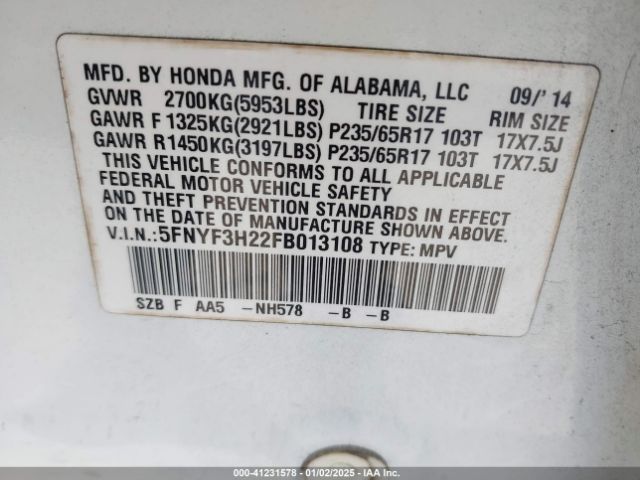 5FNYF3H22FB013108 Honda PILOT LX