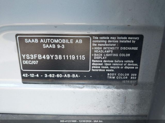 2008 SAAB 9-3 YS3FB49Y381119115 Photo 8
