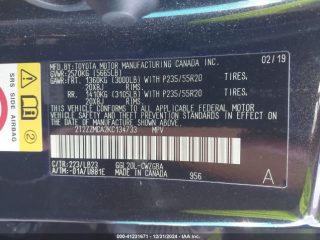 2T2ZZMCA2KC134733 Lexus RX 350