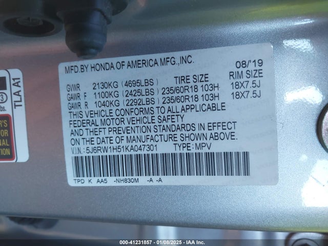 Honda CR-V EX 2019 5J6RW1H51KA047301 Image 9