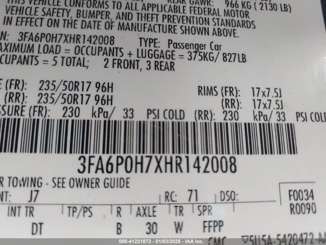 3FA6P0H7XHR142008 Ford FUSION SE