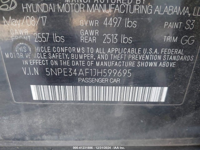 5NPE34AF1JH599695 Hyundai SONATA SEL
