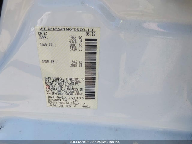 1N4BL4BV1LC151115 Nissan Altima S Fwd