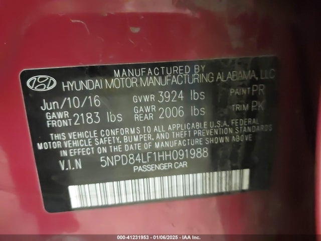 5NPD84LF1HH091988 Hyundai ELANTRA SE