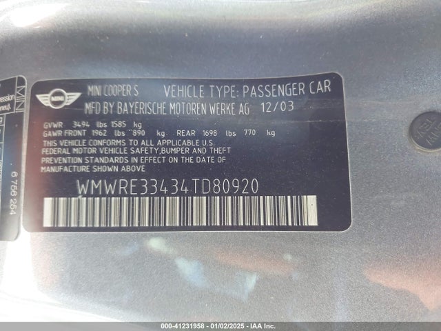 2004 MINI COOPER S WMWRE33434TD80920 Photo 8
