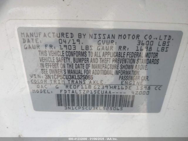 3N1CP5CU3KL525065 Nissan KICKS SV