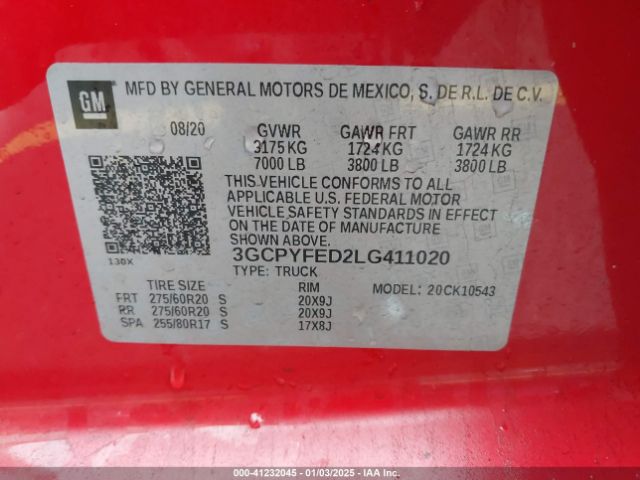 3GCPYFED2LG411020 Chevrolet Silverado 1500 4wd  Short Bed Lt Trail Boss