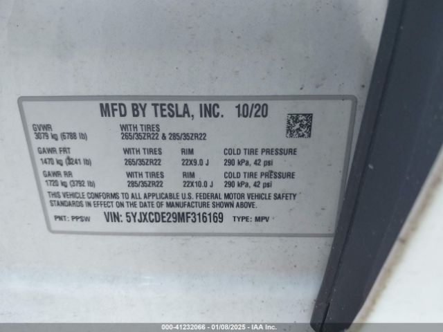 5YJXCDE29MF316169 Tesla Model X Long Range Dual Motor All-wheel Drive/long Range Plus Dual Motor All-wheel Drive