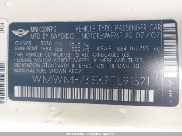 2007 MINI COOPER S WMWMF735X7TL91521 Photo 8