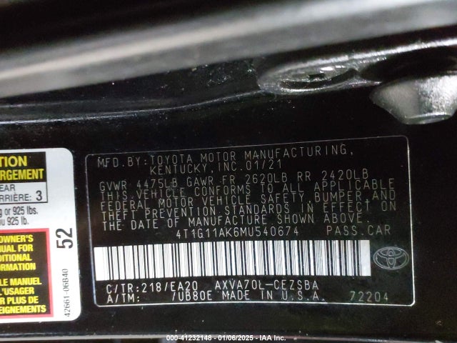 4T1G11AK6MU540674 Toyota a25a-fks