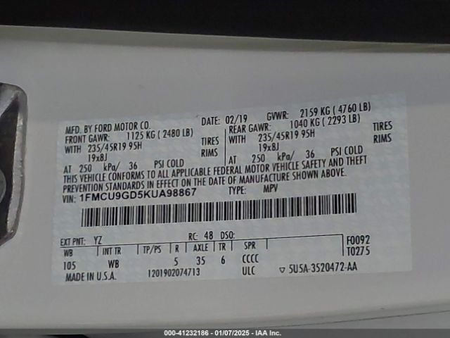 1FMCU9GD5KUA98867 Ford ESCAPE SE