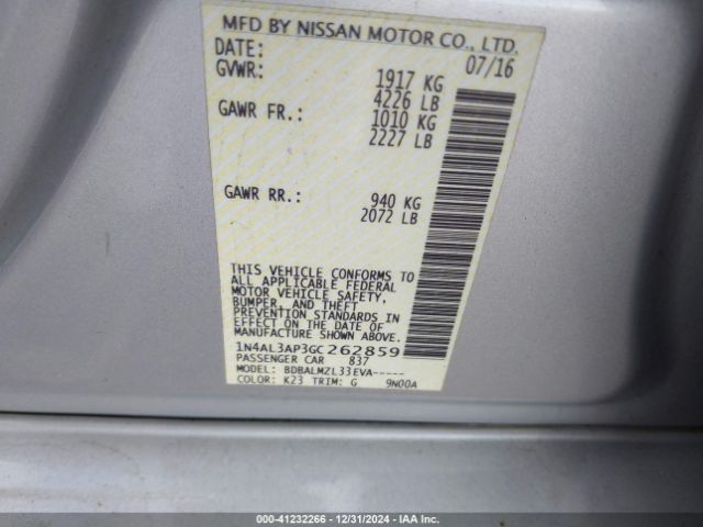 1N4AL3AP3GC262859 Nissan Altima 2.5 Sv