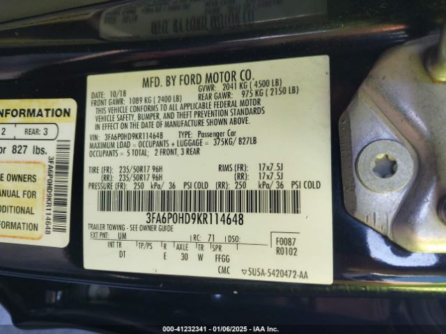 3FA6P0HD9KR114648 Ford FUSION SE
