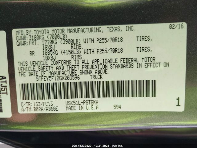 5TFEY5F12GX203596 Toyota Tundra Sr5 5.7l V8