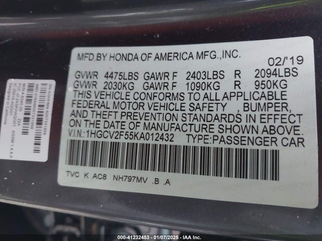1HGCV2F55KA012432 Honda Accord Ex-l 2.0t