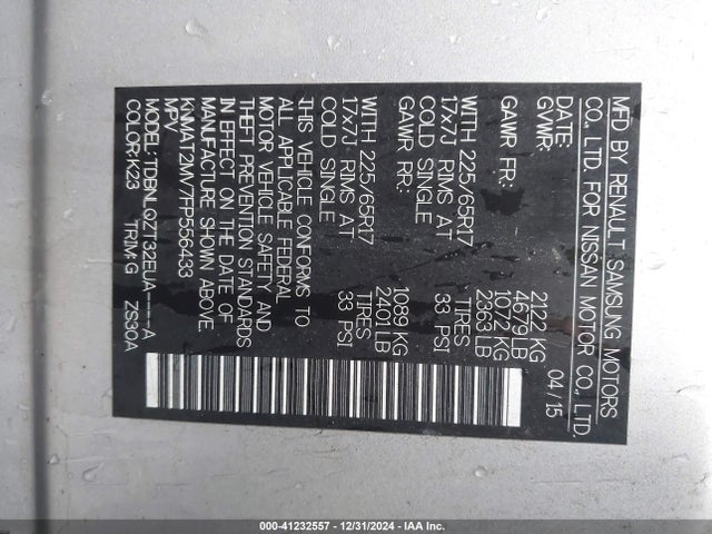 Nissan ROGUE SV 2015 KNMAT2MV7FP556433 Image 9
