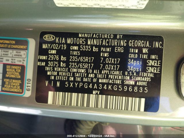 5XYPG4A34KG596835 KIA Sorento 2.4l L