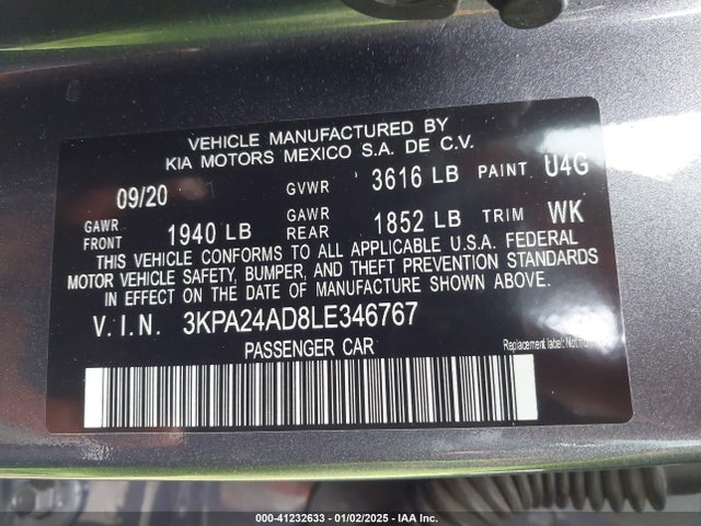 3KPA24AD8LE346767 KIA RIO S