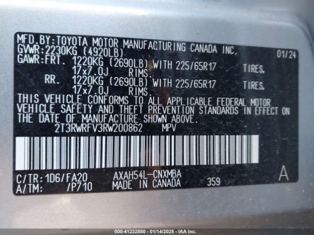 2T3RWRFV3RW200862 Toyota Rav4 Hybrid Xle