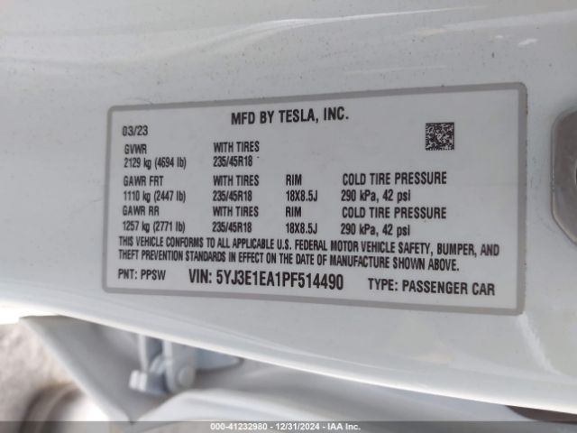 5YJ3E1EA1PF514490 Tesla Model 3 Rear-wheel Drive