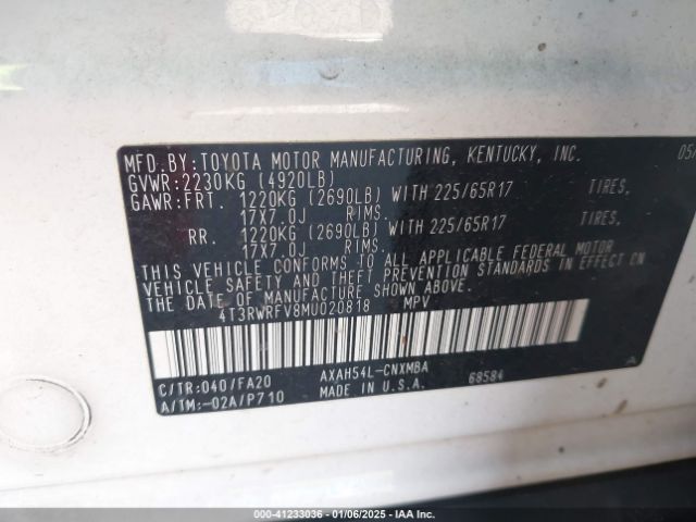 4T3RWRFV8MU020818 Toyota Rav4 Hybrid Xle