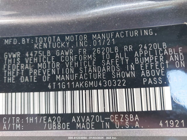 4T1G11AK6MU430322 Toyota a25a-fks