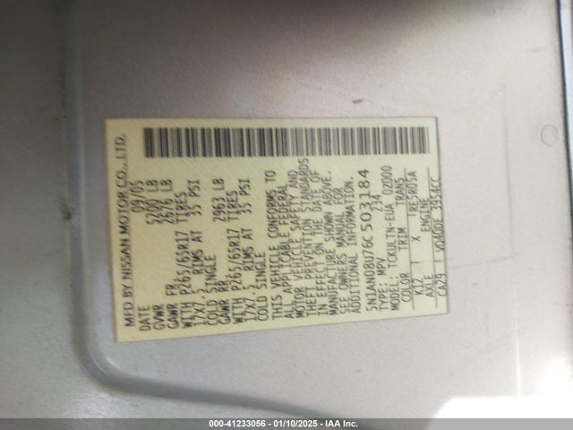 41233056 :رقم المزاد ، 5N1AN08U76C503184 vin ، 2006 Nissan Xterra Se مزاد بيع