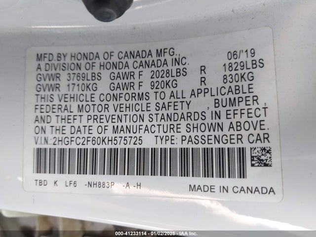 Honda Civic Lx 2019 2HGFC2F60KH575725 Image 9