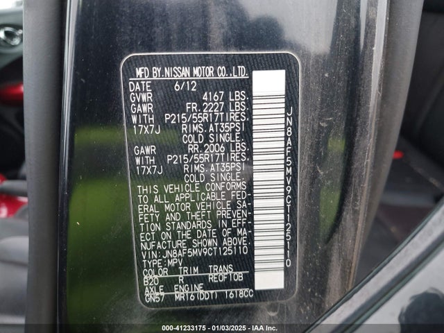 41233175 :رقم المزاد ، JN8AF5MV9CT125110 vin ، 2012 Nissan Juke Sl مزاد بيع