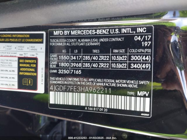 4JGDF7FE3HA962211 Mercedes-Benz Amg Gls 63 4matic