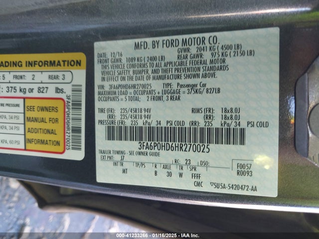 Ford FUSION SE 2017 3FA6P0HD6HR270025 Image 9