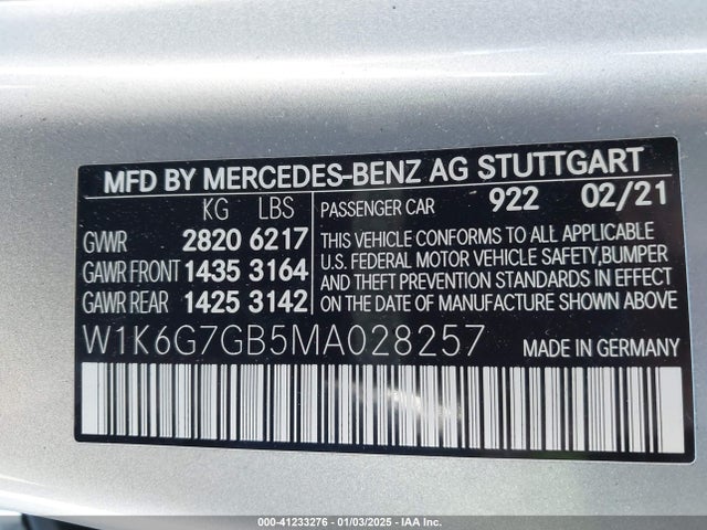 W1K6G7GB5MA028257 Mercedes-Benz S 580 4matic