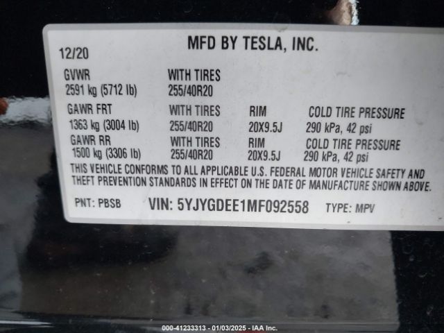 5YJYGDEE1MF092558 Tesla Model Y Long Range Dual Motor All-wheel Drive