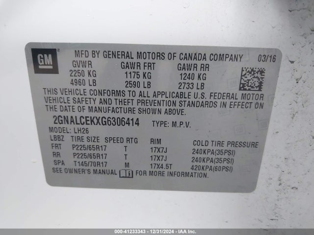 Chevrolet EQUINOX LT 2016 2GNALCEKXG6306414 Image 9