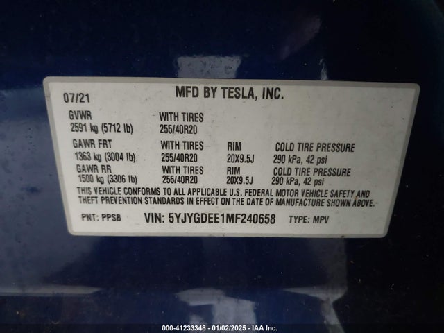 2021 TESLA MODEL Y 5YJYGDEE1MF240658 Photo 8