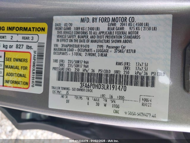 Ford FUSION SE 2020 3FA6P0HD3LR191470 Image 9