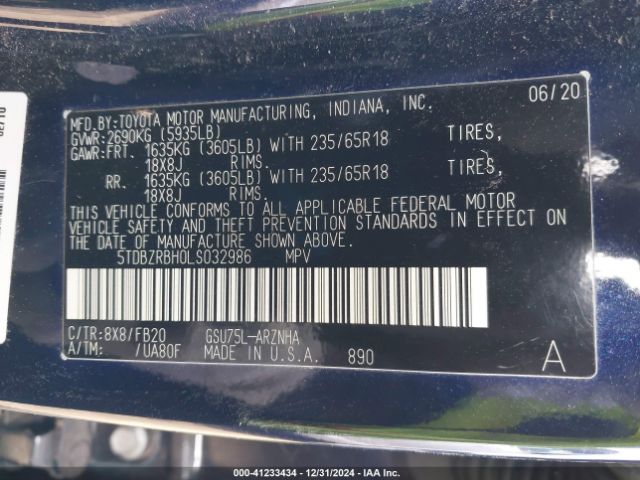 5TDBZRBH0LS032986 Toyota Highlander Le