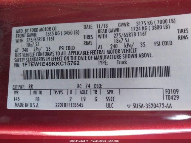 1FTEW1E49KKC15762 Ford F-150 Xlt
