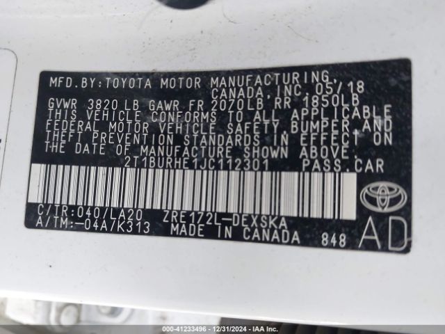 2T1BURHE1JC112301 Toyota Corolla Xse