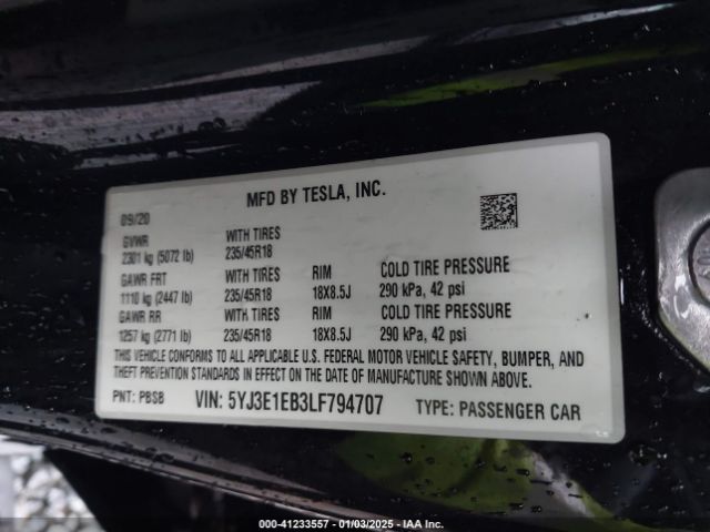 5YJ3E1EB3LF794707 Tesla Model 3 Long Range Dual Motor All-wheel Drive