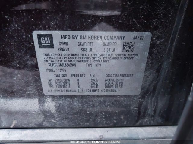 KL7CJLSB2LB340945 Chevrolet Trax Fwd Lt