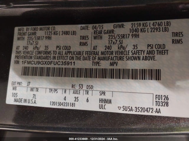 Ford ESCAPE SE 2015 1FMCU9GX0FUC35911 Image 9