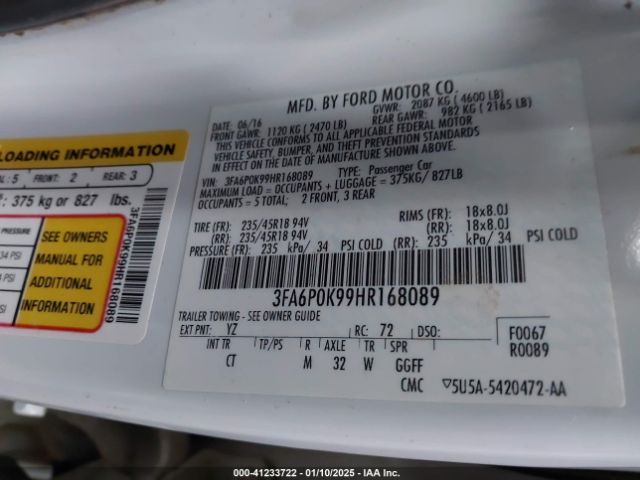 3FA6P0K99HR168089 Ford Fusion Titanium
