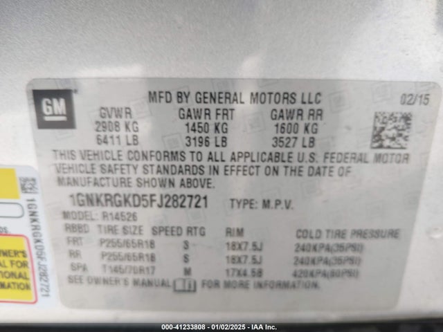 Chevrolet Traverse 1lt 2015 1GNKRGKD5FJ282721 Image 9