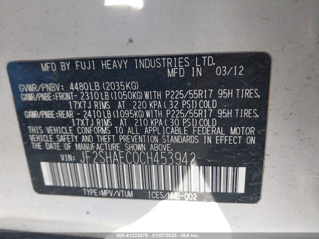 Продажа на аукционе авто 2012 Subaru Forester 2.5x Limited, vin: JF2SHAEC0CH453942, номер лота: 41233879