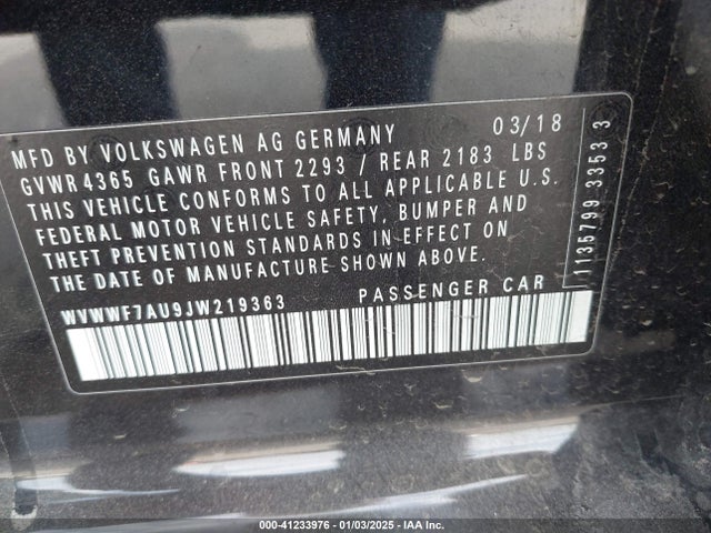 WVWWF7AU9JW219363 Volkswagen 2018