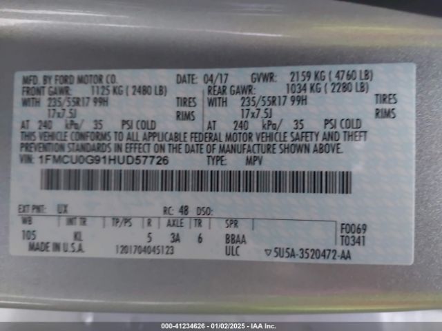 1FMCU0G91HUD57726 Ford ESCAPE SE